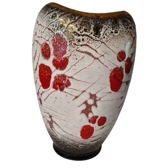 Vintage West German Lava Pottery Vase Planter, Red White Splatter Gold Trim MCM - Picture 2 of 7